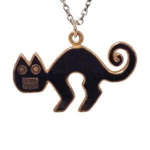 Metropolitan Museum of Art Cat Pendant Necklace Black Enamel Signed MMA 1985